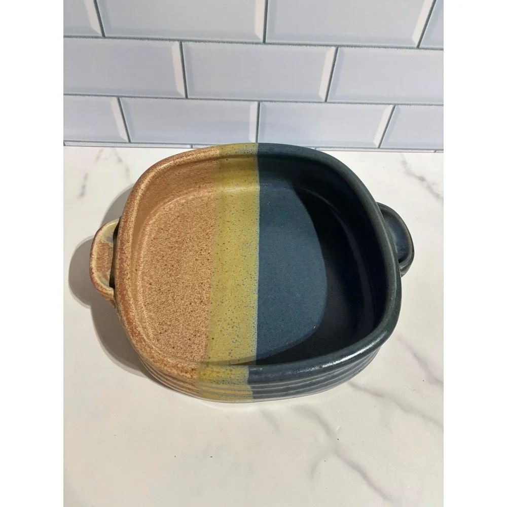 Studio Pottery Handcrafted Square Casserole Dish Blue Yellow Glazed Stoneware
